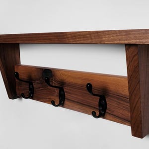 Solid wood walnut coat hooks, Wooden coat hanger with metal hooks Wall coat rack with shelf entryway, hallway or mudroom