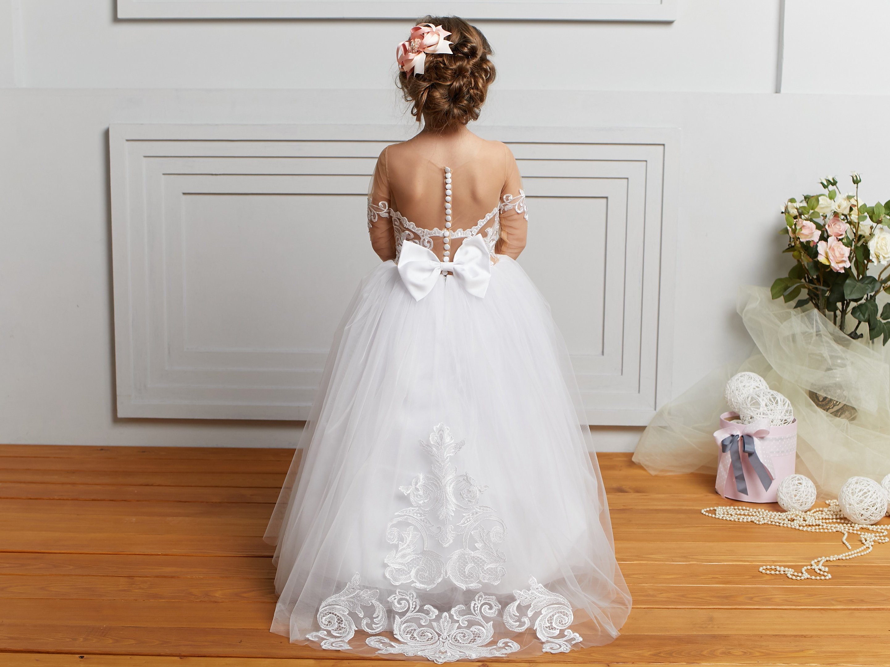 White flower girl dress tulle Toddler flower girl dress lace Etsy