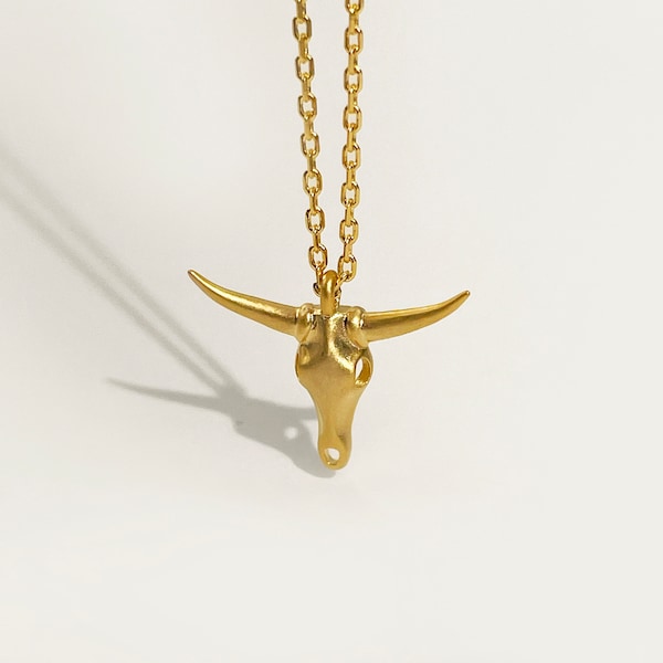 Longhorn Necklace, Bullhead Necklace, Bull Skull Necklace, Bullhead Necklace, Bull, Cow Skull, 18K Gold Dipped, Encouragement Gift Jewelry