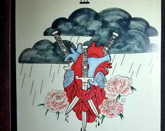 Three of Swords Tarot Artwork -PRINT- Original Handdrawn Ink Art