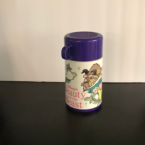 Vintage, Disney, Beauty and the Beast Thermos, Purple, Thermos with Original Cup, Aladdin Industries, Inc, Nashville, Tenn. Made in USA,1990