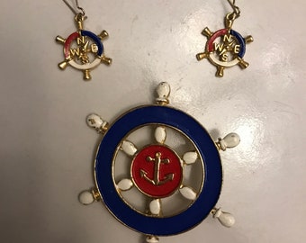 Vintage Nautical Ships Wheel Brooch and Earrings Set: 1970s Patriotic Jewelry
