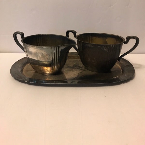 Sugar and Creamer with Tray, Wm Rogers, Silver Plated, Art Deco, 1950’s, 3 pc Set, 2460 Wm Rogers