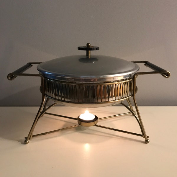 Chafing Dish, Buffet Warmer, Vintage MCM Chafing Dish, Vintage Chafing Dish, Covered Chafing Dish with Candle, 1950's