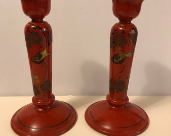 Candlesticks,2 Candlesticks, Vintage Wooden Candlesticks, Decorative, Decor, Made in Japan, Orange, Hand Painted Birds, Wedding Gift, 1920's