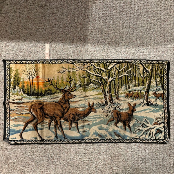 Tapestry, Made in Italy, Vintage Tapestry, Wildlife, Elk, Winter Scene, 1970