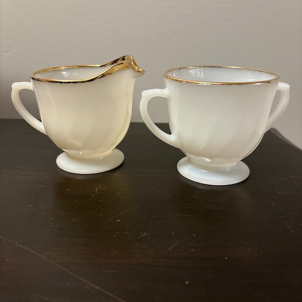 Fire King, Anchor Hocking, Sugar and Creamer, Golden Anniversary, 22K Gold, Vintage Fire King, 1950's