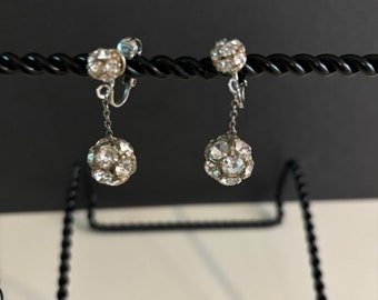 Vintage 1940s Rhinestone Clip-On Earrings: Disco Ball Drop Earrings