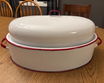 Antique Enamelware Roasting Pan: Red and White Dutch Oven, 1930s