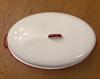 Antique Enamelware Roasting Pan: Red and White Dutch Oven, 1930s