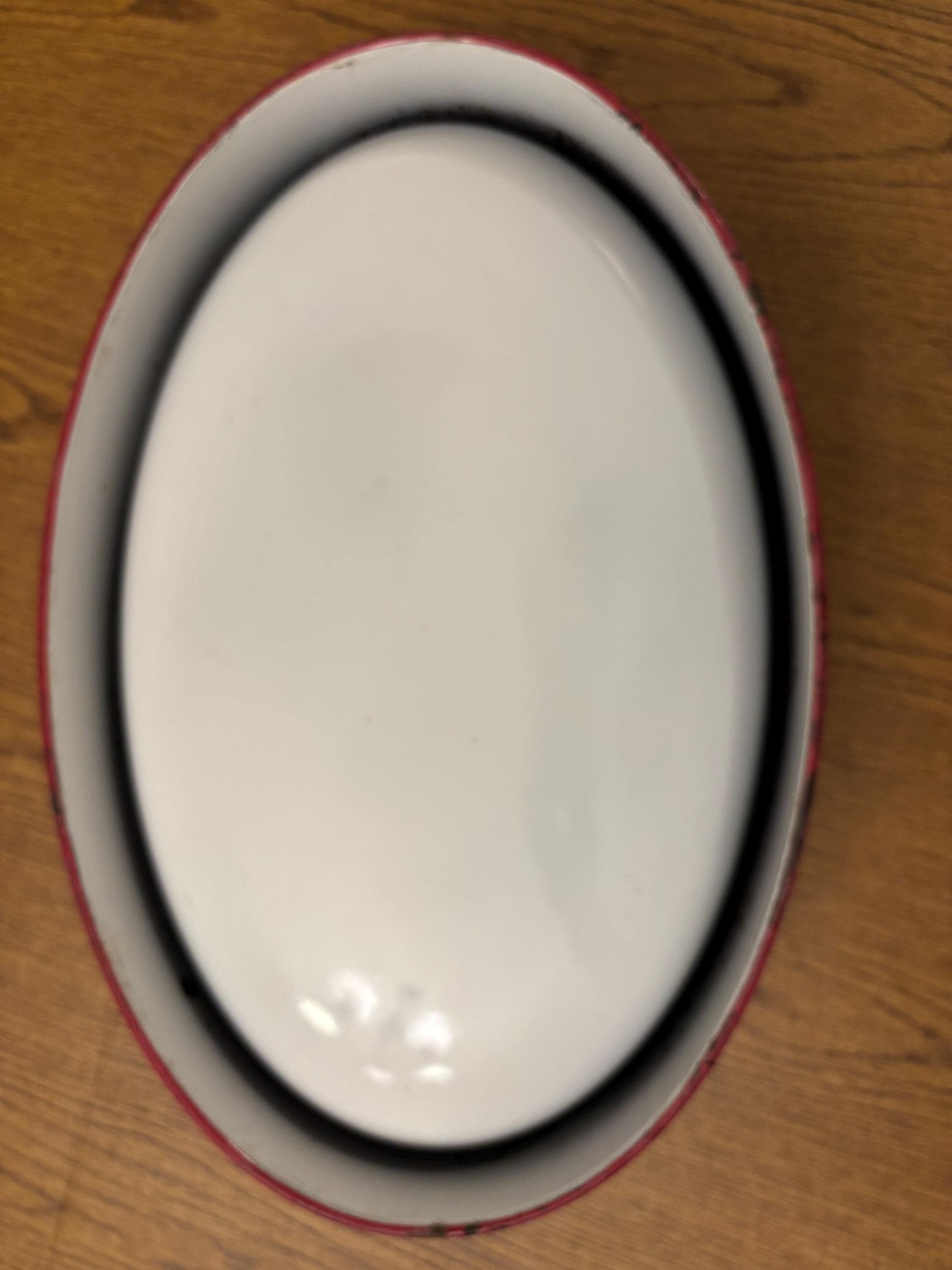 Antique Enamelware Roasting Pan: Red and White Dutch Oven, 1930s