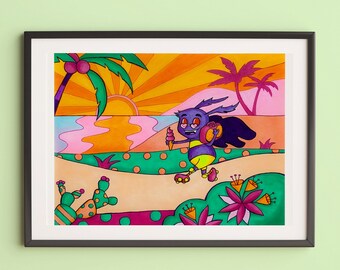 Könnte beinhalten: Eine lilafarbene Comicfigur mit einem gelben Shirt und Rollschuhen geht an einem Strand mit Palmen und einem Sonnenuntergang im Hintergrund entlang. Die Figur hält ein rosa Eis am Stiel.