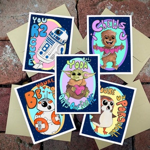 5 Star Wars tarjetas de San Valentín, paquetes de cartas hechas a mano, bebé Yoda Grogu R2D2 BB-8 Chewie Porg, para el Día de San Valentín