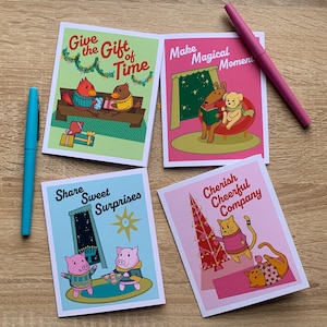 4 cartes de voeux de Noël, milieu du siècle - 4 x 5 avec enveloppe - jolie carte de Noël faite main de Hanoucca - menthe rose sarcelle - chat, chien, cochon, cardinal