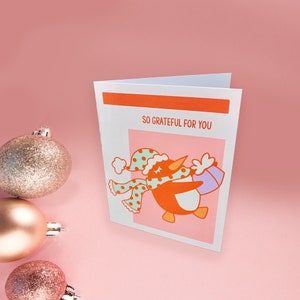 Penguin Holiday Greeting Card - 4x5 con sobre - linda tarjeta de Navidad hecha a mano -Rosa y Rojo - sensación vintage - Agradecido por ti - tarjeta de regalo