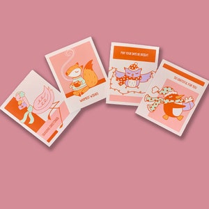 4 cartes de voeux pour les fêtes - 4 x 5 avec enveloppe - jolie carte de Noël faite main - rose et rouge - effet vintage - renard flamant rose pingouin hibou