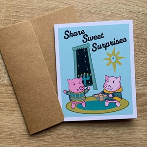 Midcentury Schweine Feiertags-Grußkarte - 4x5 mit Umschlag - niedliche handgemachte Weihnachtskarte - Chanukka - Minze - sufganiyot menorah