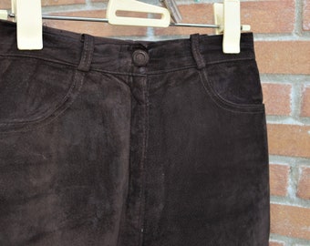 80s High Waisted Brown Combined Leather Riding Pants with Elastic Back made in France Size 40 M