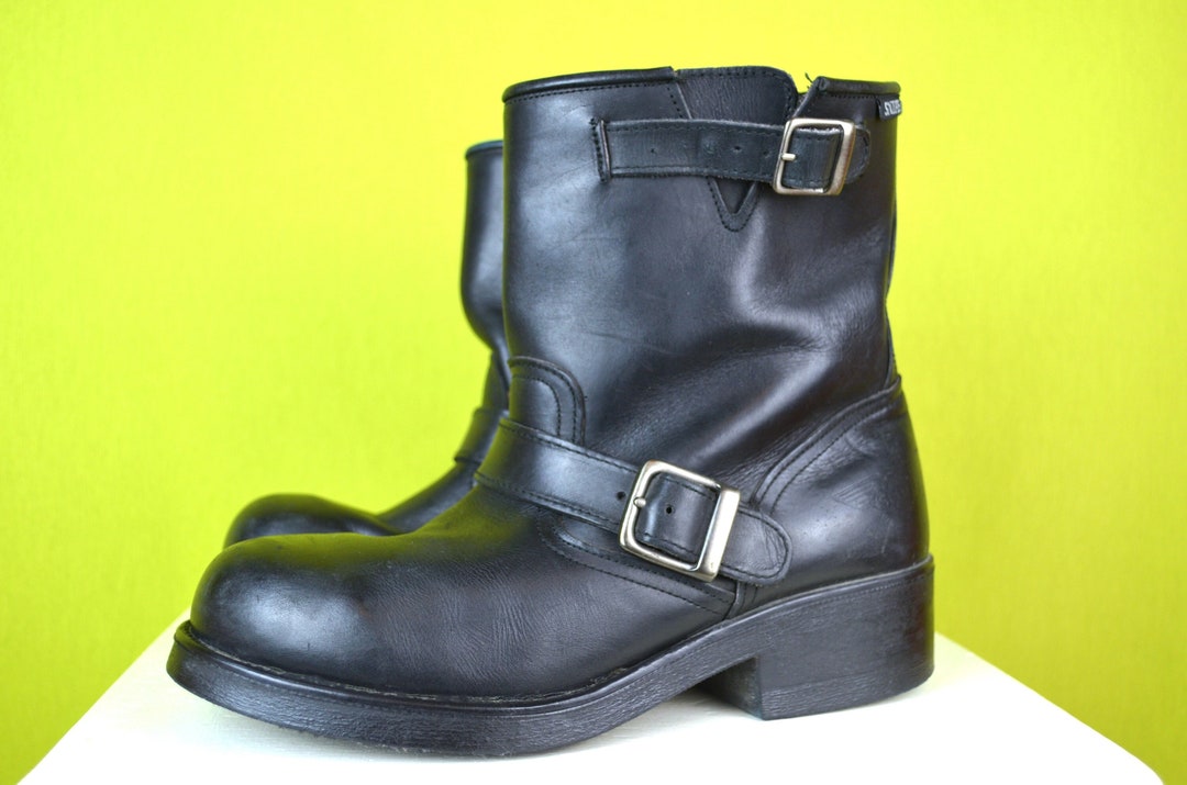 Vintage 90s Chunky Leather Motorcycle Boots With Reinforced Etsy