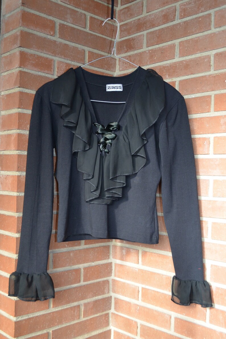 90s VictorianNew Romantic chiffon Ruffled collar with satin laces Black Top