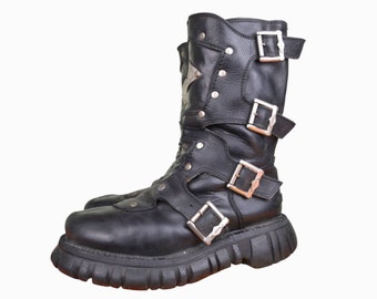 Mega Chunky - B U N K E R - Rave Punk Metalhead Black Leather Combat Boots Made in Spain | Size 40 - 8.5/9 US