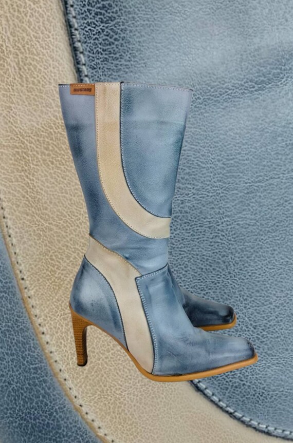 00s Y2k Made in Spain Blue beige Glam Cowboy Leather Mid Calf Boots Size 38 EU 7 US Etsy Canada