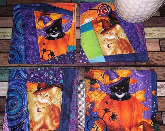 Autumn Kittycats Quilted Coasters ~ Handmade ~ Ready to Ship ~ FREE SHIPPING ~ Micro Quilts ~ Set of 4 ~ Reversible ~ Made in Montana