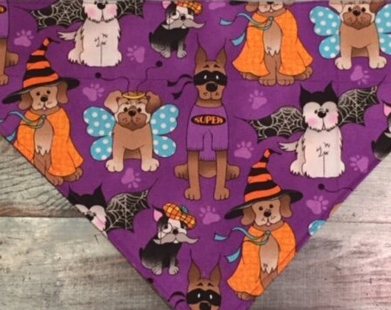 Halloween Pet Bandana, Dog Bandana, Trick or Treat Bandana, Thru Collar Bandana, Dog Costume, Made in Montana, Purple Bandana, Pet Costume