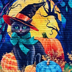 May include: A black cat wearing a witch's hat and a teal bow sits in front of a full moon and a spooky forest. The cat is surrounded by pumpkins and gourds.