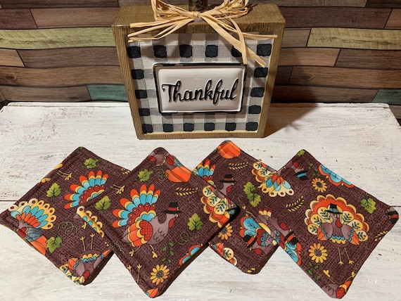 Thanksgiving Quilted Coaster Set of 4 ~ Reversible ~ FREE SHIPPING ~ Proudly Made in Montana!