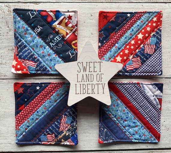 Reversible Patriotic Coaster Set of 4 ~ Quilted and Handmade ~ FREE SHIPPING