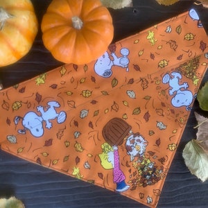 May include: Orange bandana with a Peanuts character print. The bandana features Snoopy and Woodstock with autumn leaves and a brown bucket.