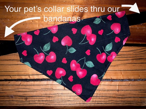 LAST ONES ~ M/XS/Teensy ~ Cherry Hearts Pet Bandana ~ Your Pet's Collar Slips Thru ~ Free Shipping!