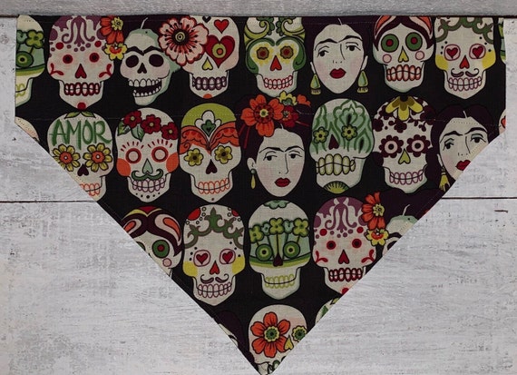 Frida Kahlo Inspired Pet Bandana, Day of the Dead, Halloween Pet Costume, Collar Slips Thru, Reversible, Made in Montana, Free Shipping