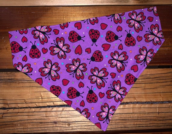 Happy Pet Bandana for Dogs Cats or Critters, Made in Montana, Collar Slips Thru, Butterflies Ladybugs and Hearts Design, Great for Photo