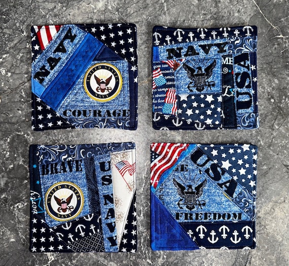 US Navy Quilted Coaster Set of 4 ~ Handmade ~ FREE SHIPPING ~ Happily Packaged by Young Adults with Special Abilities