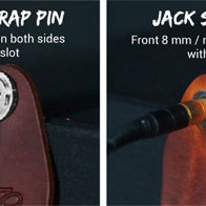 May include: Four guitar strap pin options: Standard, Maxi, Jack Socket, and Schaller Locks. Each is attached to a brown leather strap. Text indicates hole sizes and features like slots. The Schaller Locks have a silver ball.