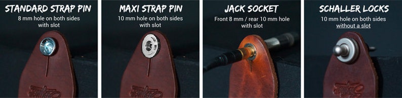 May include: Four guitar strap pin options: Standard, Maxi, Jack Socket, and Schaller Locks. Each is attached to a brown leather strap. Text indicates hole sizes and features like slots. The Schaller Locks have a silver ball.