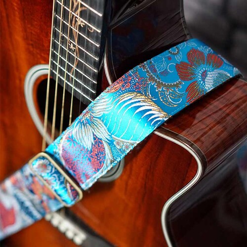 Vintage Guitar Strap Blue Tropical Ocean Pattern Flowers Etsy