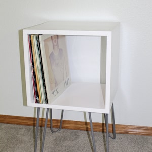 Handmade Mid Century Modern Vinyl Table | Vinyl Record Storage | Side Table | Hairpin Legs Industrial Modern Furniture | White Paint