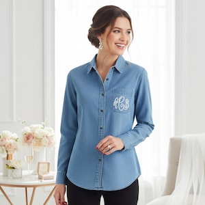 Monogrammed Denim Shirt, Bridesmaid Button-Down Denim Shirt, Denim Bridal Party Getting Ready Shirt