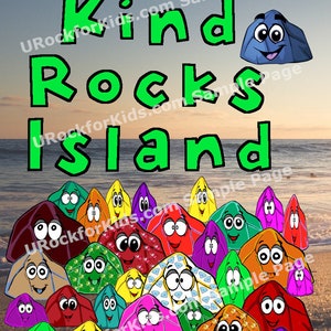 Puede incluir: Una ilustración colorida de una escena de playa con las palabras "Kind Rocks Island" en letras verdes. La imagen presenta una variedad de rocas coloridas con caras y patrones.