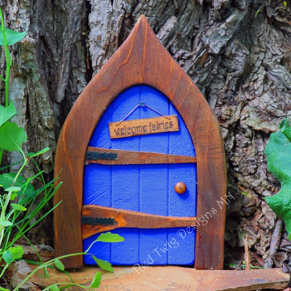 Fairy Door/Windows, Optionally Personalize, Blue, Hobbit/Gnome/Whimsical Style, Handmade with Reclaimed Wood, Indoor/Outdoor, Weatherproofed