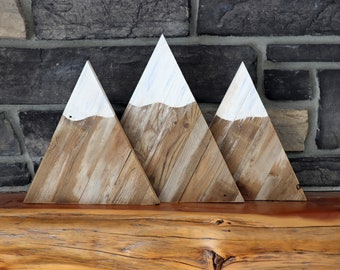 Reclaimed Wood Mountain Decor: Hand Painted Snow Capped Peaks