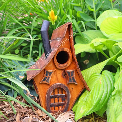 Bird House, Fairy/Gnome/Hobbit Rustic Whimsical Style, Reclaimed Wood, Engraved Details, Smoke Stack, Hangers, Curved Roof, offers Clean-out Door