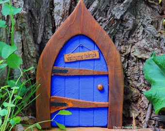 Fairy Door/Windows, Optionally Personalize, Blue, Hobbit/Gnome/Whimsical Style, Handmade with Reclaimed Wood, Indoor/Outdoor, Weatherproofed