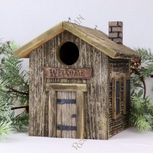 Rustic Cabin Bird House, Weathered Reclaimed Wood, Rustic Wood Burned Sign, Door Details, Windows, Chimney, Hangers, Clean-out Door