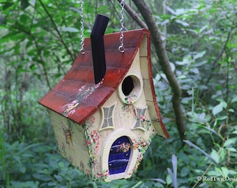 Bird House, Fairy/Gnome Rustic Whimsical Style, Hand Painted Vines/Flowers, Engraving, Smoke Stack, Hangers, Curved Roof, Hidden Clean-out