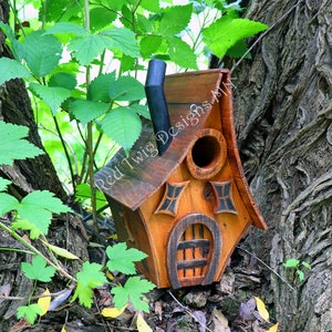 Bird House, Fairy/Gnome/Hobbit Rustic Whimsical Style, Reclaimed Wood, Engraved Details, Smoke Stack, Hangers, Curved Roof, Clean-out Door