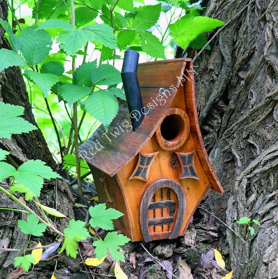 Bird House, Fairy/gnome/hobbit Rustic Whimsical Style, Reclaimed Wood,  Engraved Details, Smoke Stack, Hangers, Curved Roof, Clean-out Door - Etsy